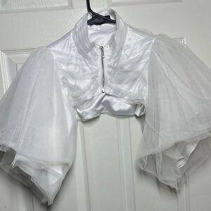 AKIRA White Satin Crop Top with Sheer Puff Sleeves